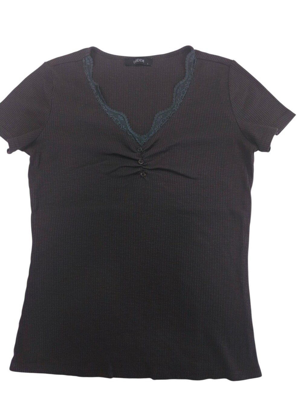 Dark Gray Lace-Trim Short Sleeve Ribbed Top  Size Large